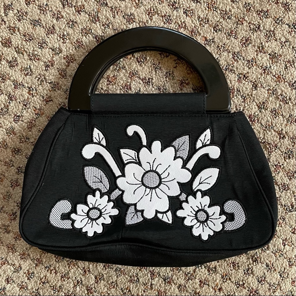 vintage black mini bag with white floral embroidery